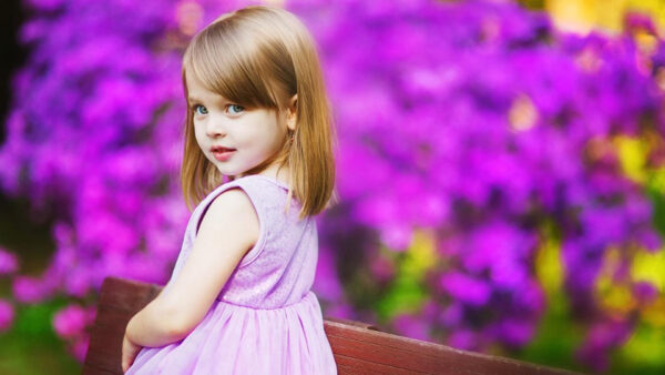 Wallpaper Cute, Flowers, Little, Dark, Purple, Looking, Wearing, Standing, Dress, Girl, Back, Desktop, Background