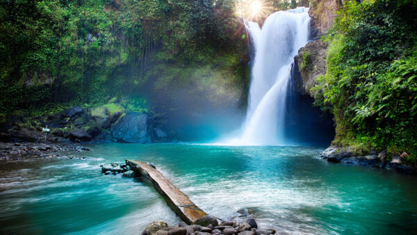 Wallpaper Waterfall, Desktop, Rocks, Pouring, Background, Between, Sunbeam, River, Mobile, Nature, Beautiful