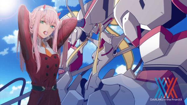 Wallpaper Anime, Red, Sky, Clouds, And, Zero, Hands, Dress, Darling, Holding, The, Blue, Back, Background, Two, Her, FranXX, Neck, With, Desktop, Hiro