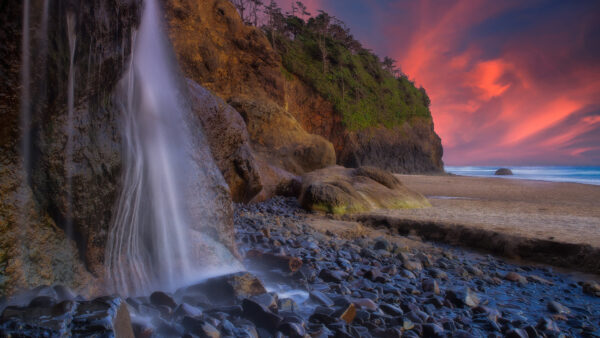 Wallpaper During, Nature, Ocean, And, Pacific, Sunset, With, Stone, Waterfalls, Oregon, Rock