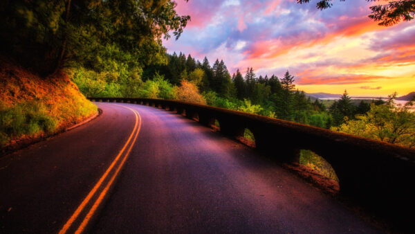 Wallpaper Blue, Red, Sky, Trees, Nature, View, Clouds, Scenery, Landscape, River, Yellow, Under, Bridge, Between, Road
