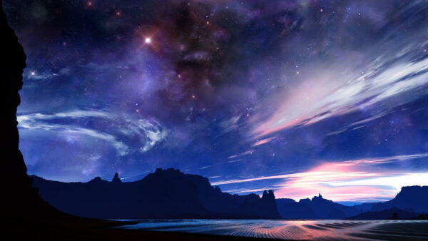 Wallpaper Sky, Lanscape, Mountain, Glittering, Golden, Under, Desktop, Space, Stars, And, Blue