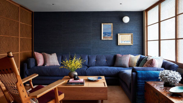Wallpaper Table, Couch, Blue, Chair, Wooden, And, Grasscloth