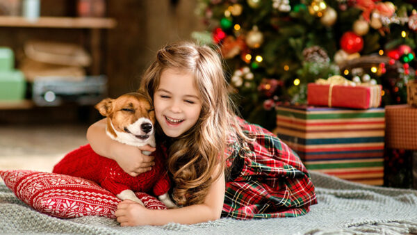 Wallpaper Black, Background, Dog, Decorated, Dress, Little, Playing, Blur, Desktop, Tree, Girl, Christmas, With, Sitting, Wearing, Smiling, Red, Cute