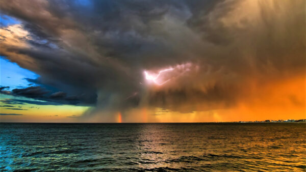 Wallpaper During, Nature, Clouds, Lightning, Sunset, Sea, Ocean, Horizon, White, Black