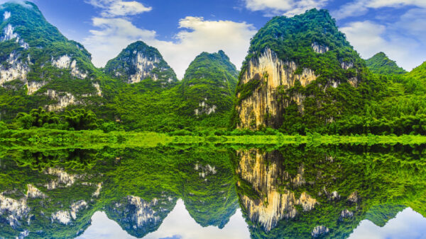 Wallpaper Sky, White, Blue, Clouds, Mountains, Reflection, Nature, Lake, Under, Greenery