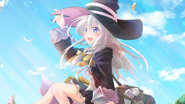 Wallpaper Clouds, Sky, Blue, Anime, Girl, White, Background, Hat, Black, Witch, Eyes