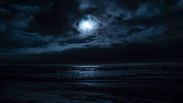 Wallpaper Waves, Clouds, Nighttime, Blue, Black, Moon, Sky, Under, Ocean, During, White