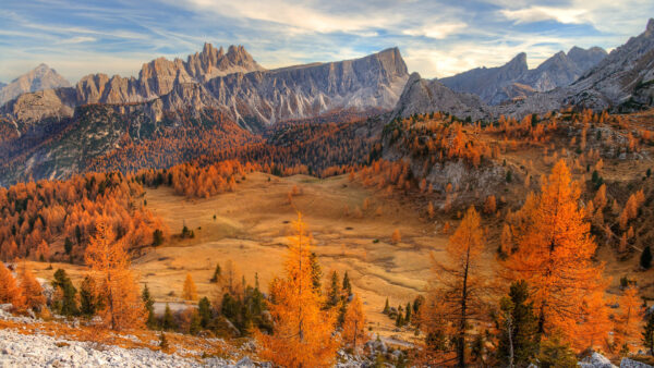 Wallpaper Orange, Mountain, Under, Sky, Blue, Clouds, Mountains, Green, Slope, Trees, Beautiful, Autumn, White