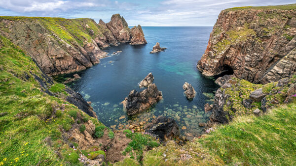 Wallpaper Sky, Blue, Rocks, Stones, Nature, Covered, Ocean, White, Clouds, Under, Mountains, Algae