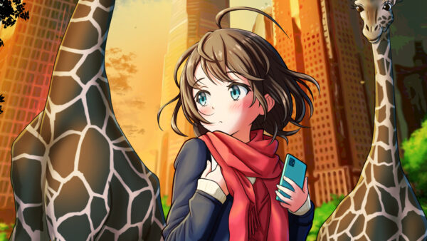 Wallpaper Red, Giraffe, Girl, Blue, Scarf, Background, Anime, Eyes