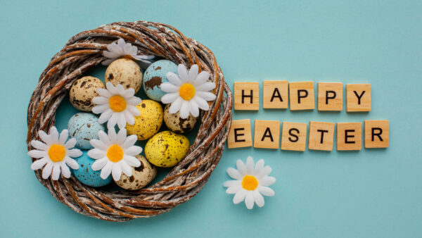 Wallpaper Blue, Background, Flowers, Happy, Bamboo, Easter, Yellow, Eggs, Basket, White