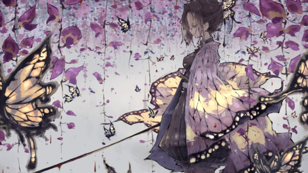 Wallpaper Anime, Purple, Under, With, Shinobu, Flowers, Butterflies, Desktop, Demon, Slayer, Kochou
