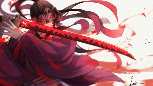 Wallpaper Sword, Red, Demon, White, Slayer, And, With, Background, Yoriichi, Anime-HD, Side, Tsugikuni
