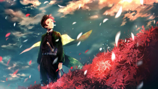Wallpaper Kamado, Sky, Standing, Background, Red, Desktop, And, Slayer, Flowers, Demon, With, Tanjirou, Clouds, Front, Anime