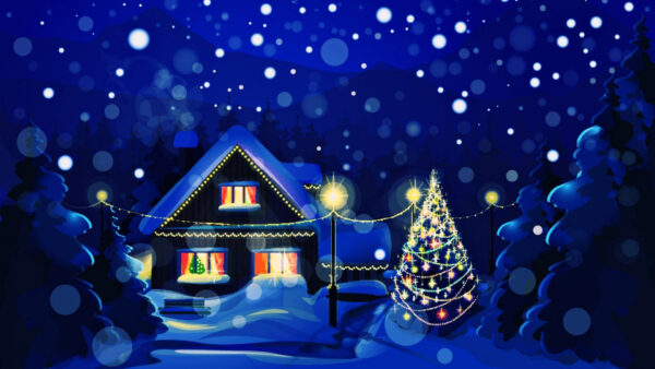 Wallpaper Decorated, Desktop, Blue, And, Tree, Christmas, Background, House