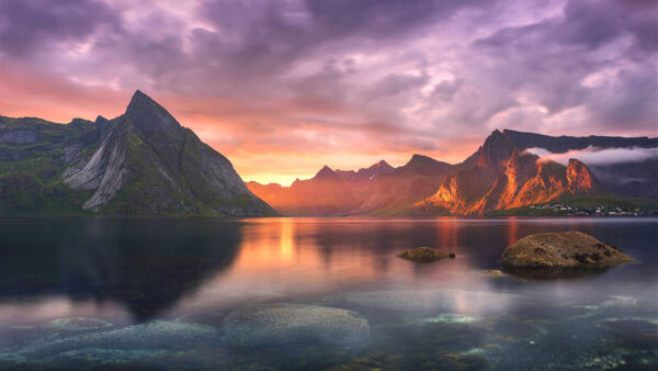 Wallpaper Mountains, White, MacBook, Black, Water, Reflection, River, Clouds