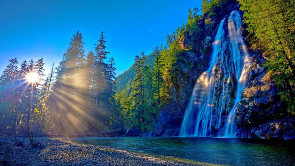 Wallpaper Trees, Waterfalls, Between, Blue, Covered, Rock, Lake, Under, From, Mountains, Pouring, Green, Sky, Nature