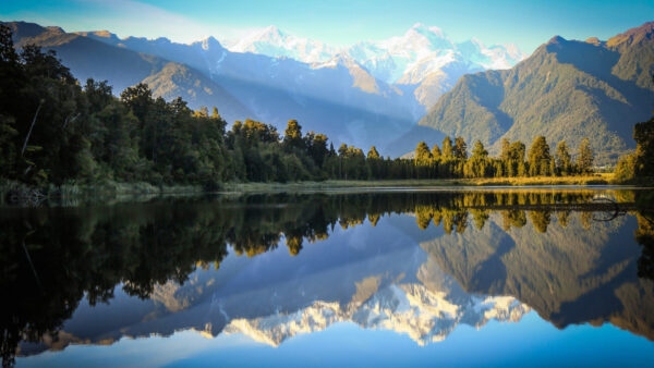 Wallpaper Nature, Reflection, Forest, Green, View, Covered, Mountains, And, River, Trees, White, Landscape