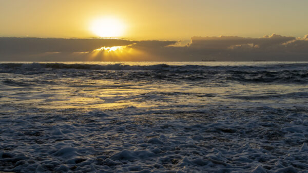 Wallpaper Sunset, Clouds, During, Nature, Sky, Ocean, Yellow, Black, Waves, Background