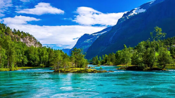 Wallpaper Under, Mountains, Trees, Clouds, Blue, Nature, Water, Stream, Rock, Forest, Sky, View, Bushes, Landscape