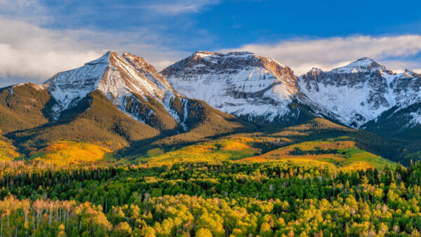 Wallpaper Yellow, Sky, Nature, Slope, Blue, Capped, Trees, White, Beautiful, Background, Desktop, Snow, Mountains, Green, Mobile, Forest, Autumn, Clouds