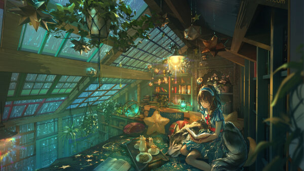 Wallpaper Lights, Book, With, Anime, Girl