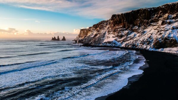 Wallpaper Black, Beach, Mountains, Waves, Snow, Mobile, Nature, Rock, Foam, View, Closeup, Sand, Desktop, Ocean, With