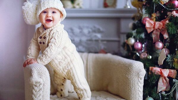 Wallpaper Near, Beautiful, And, Knitted, Decorated, Dress, Standing, Christmas, Cute, Tree, Baby, Couch, Smiling, Woolen, Wearing, Cap