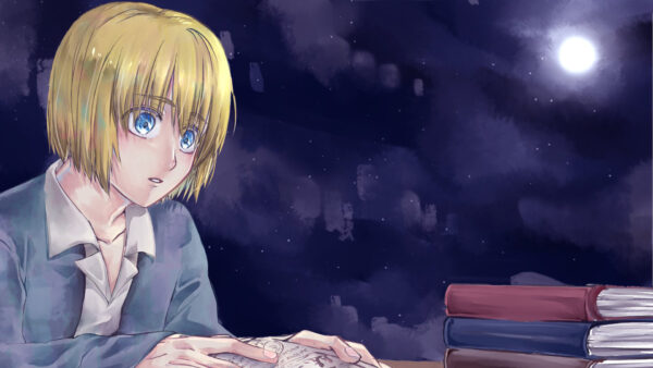 Wallpaper Titan, Cloudy, Purple, With, Attack, Armin, Sky, Sitting, Desktop, Book, Arlert, Anime, Background, Mood, Studying
