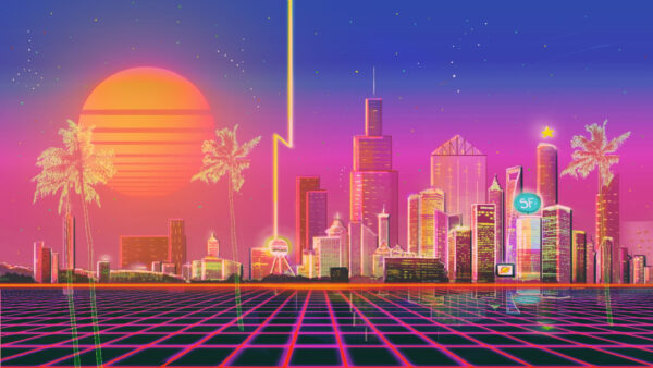 Wallpaper Sky, With, Desktop, City, Illustration, RetroWave, Vaporwave, Stars, Background, And