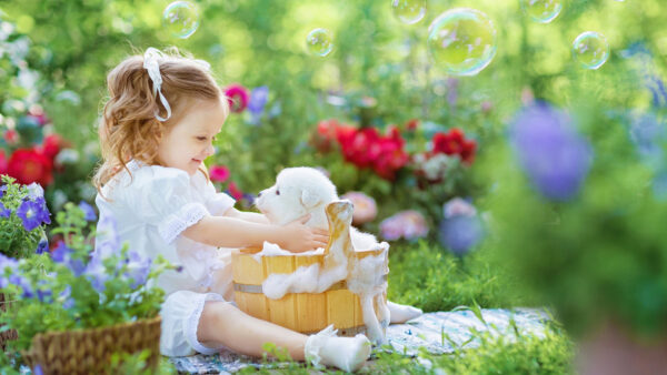 Wallpaper Green, Girl, Bubbles, Wearing, Dress, Little, Puppy, Background, Playing, Cute, With, Desktop, White
