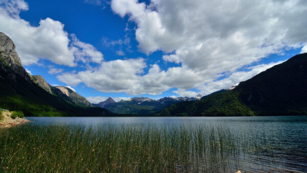 Wallpaper Lake, Sky, Desktop, Cloudy, Blue, With, Mobile, Under, Nature, Surrounded, White, Grass, Mountains