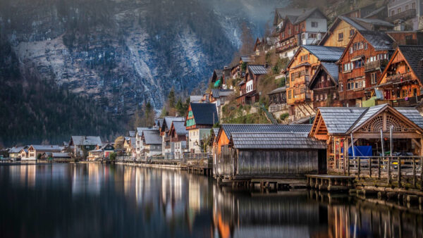 Wallpaper Near, Mountains, Water, Wood, Screen, Background, Lock, Reflection, River, Houses