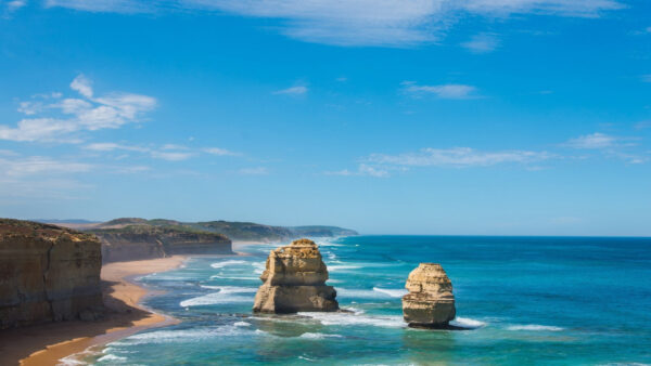 Wallpaper Blue, Coast, Stone, Beach, Nature, Sky, Scenery, Rocks, Under, Waves, Sea