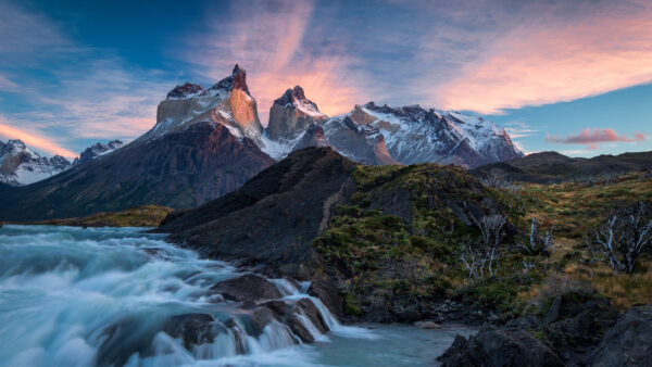 Wallpaper White, Stones, Blue, Capped, Stream, Under, Nature, Rocks, Mountains, View, Clouds, Snow, Landscape, Sky, Water