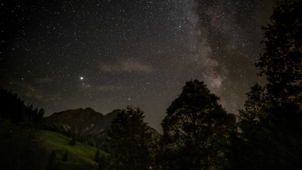 Wallpaper Above, Desktop, During, Green, Starry, Slope, Blue, Nighttime, Mobile, Mountains, Sky, Trees, Beautiful, Nature