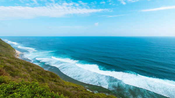 Wallpaper Slope, Grass, Nature, Plants, Coast, Ocean, Waves, Green