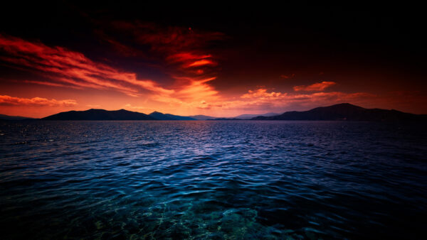 Wallpaper Sunset, Waves, View, During, Sky, Clouds, Red, Black, Ocean, Mountains, Landscape, Under