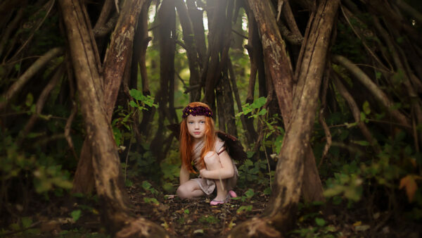 Wallpaper Redhead, Desktop, Trees, Dress, Cute, Background, White, Forest, Wearing, Little, Sitting, Girl