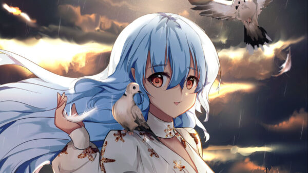 Wallpaper Dress, Anime, White, Pigeons, Blue, Eyes, Girl