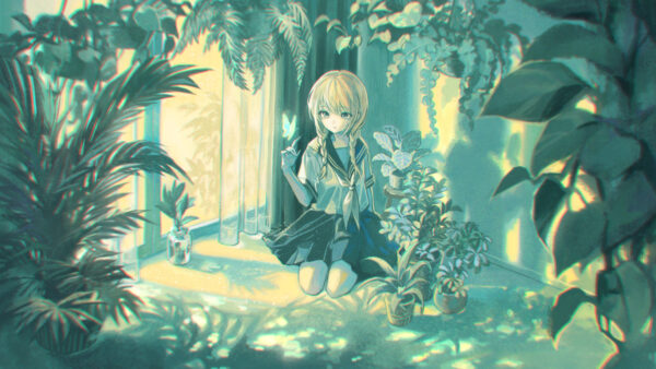 Wallpaper School, Uniform, Anime, With, Bushes, Girl, Plants, Green