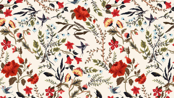 Wallpaper Floral, Flowers, Leaves, Red, Green, Hummingbirds, Rose