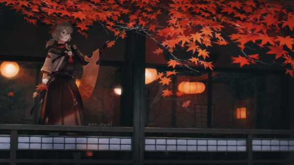 Wallpaper Kaedehara, Impact, Leaves, Orange, Trees, Genshin, Autumn, Kazuha