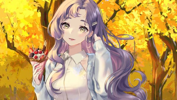 Wallpaper Trees, Hair, Yellow, Eyes, Background, Girl, Autumn, Leaves, Long, Anime, Green