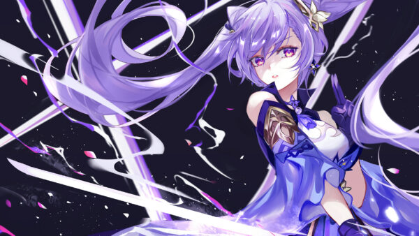 Wallpaper Purple, Impact, Genshin, Keqing, Eyes, Hair