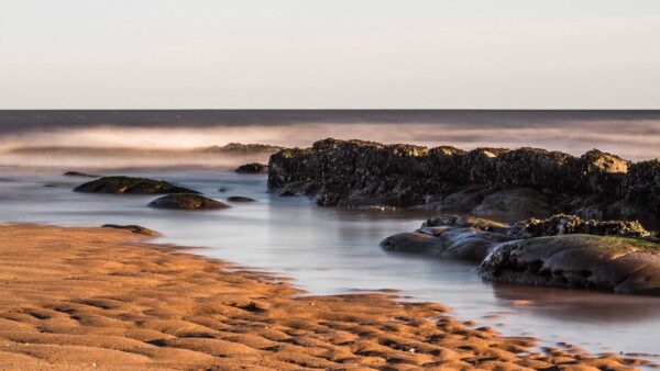 Wallpaper Beach, Sand, Background, During, Ocean, Stones, Sky, Nature, Rocks, Daytime, Blue, Coast