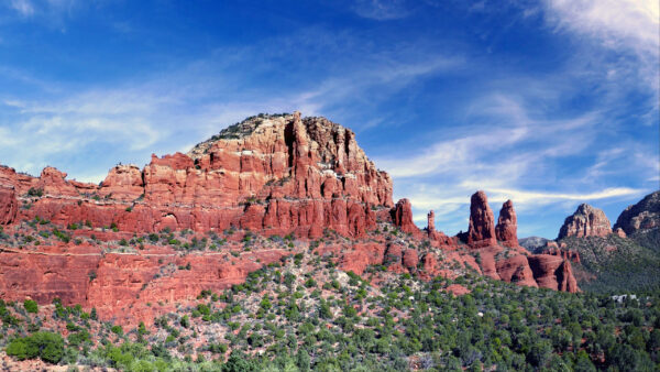 Wallpaper Nature, Bushes, Slope, Red, Grass, Sky, Under, Rocks, Blue, Mountains