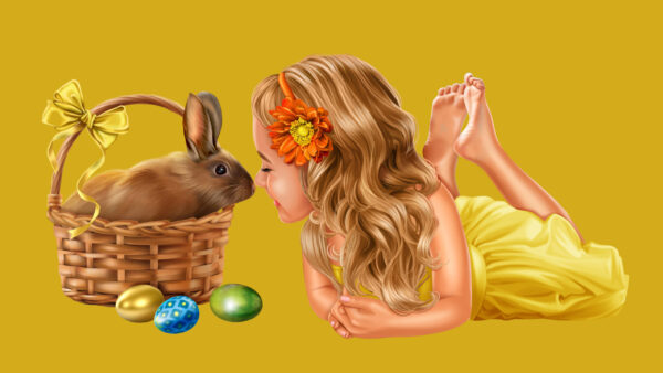 Wallpaper Happy, Dress, Yellow, Easter, Painting, Bunny, With, Eggs, Colorful, Girl, Basket