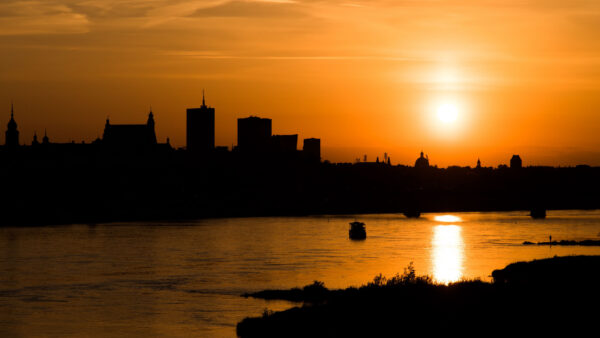 Wallpaper Sunset, During, River, View, City, Background, Boat, Desktop, Dark